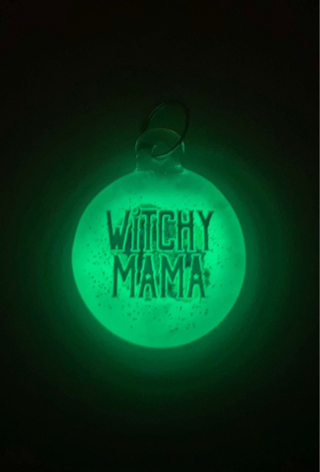 🧹 Witchy Mama 🧹Handmade Borosilicate Glass Pendant with UV-DTF Decal UV Reactive Glow In The Dark