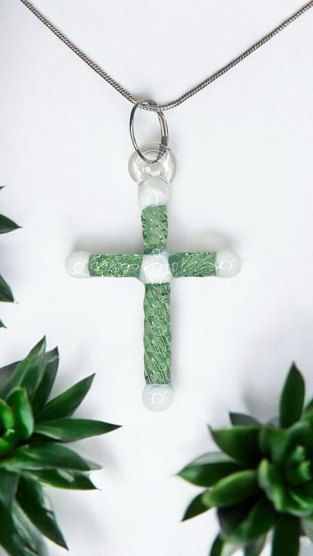 ✝️ Enlightened ✝️ Green &amp; White Handmade Borosilicate Glass Cross