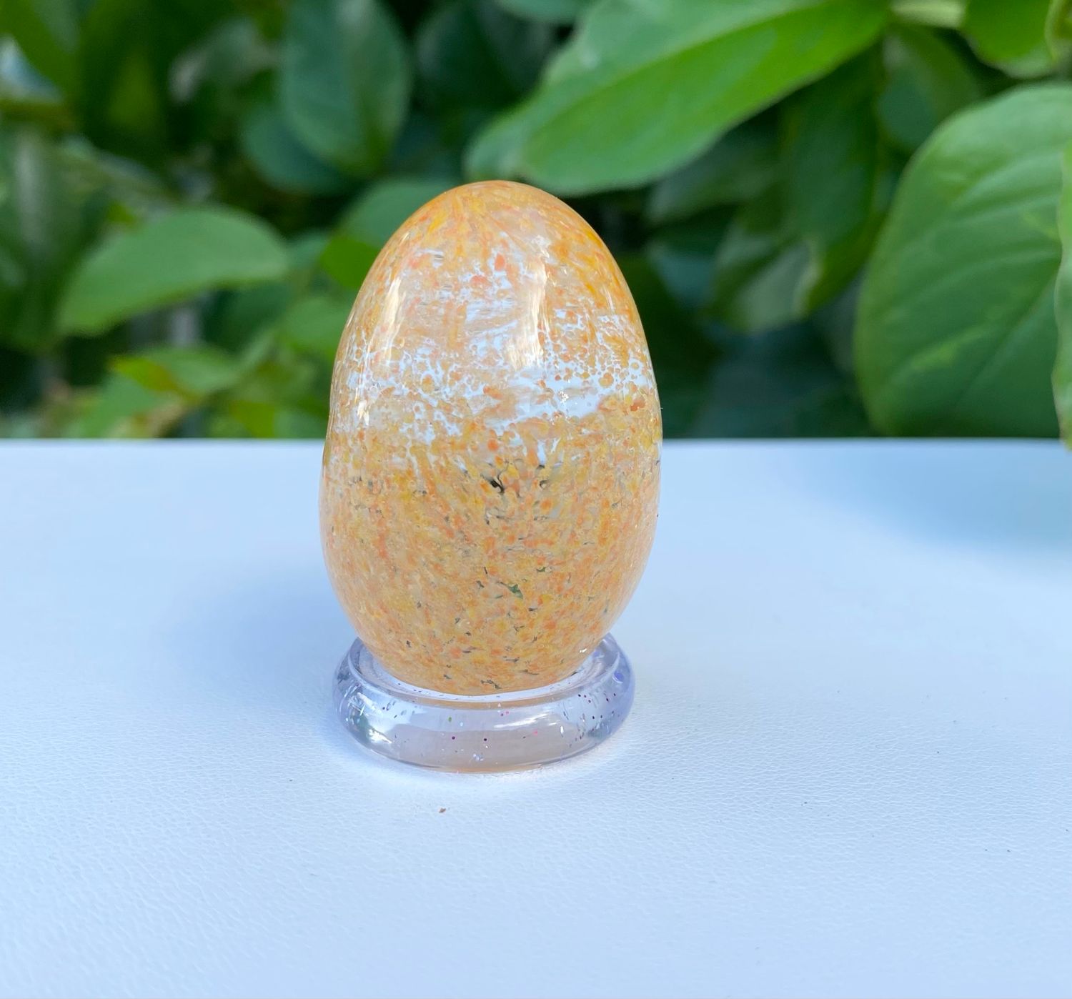 🥚 Orange Speckled Egg 🥚 Handmade Borosilicate Egg with clear acrylic base