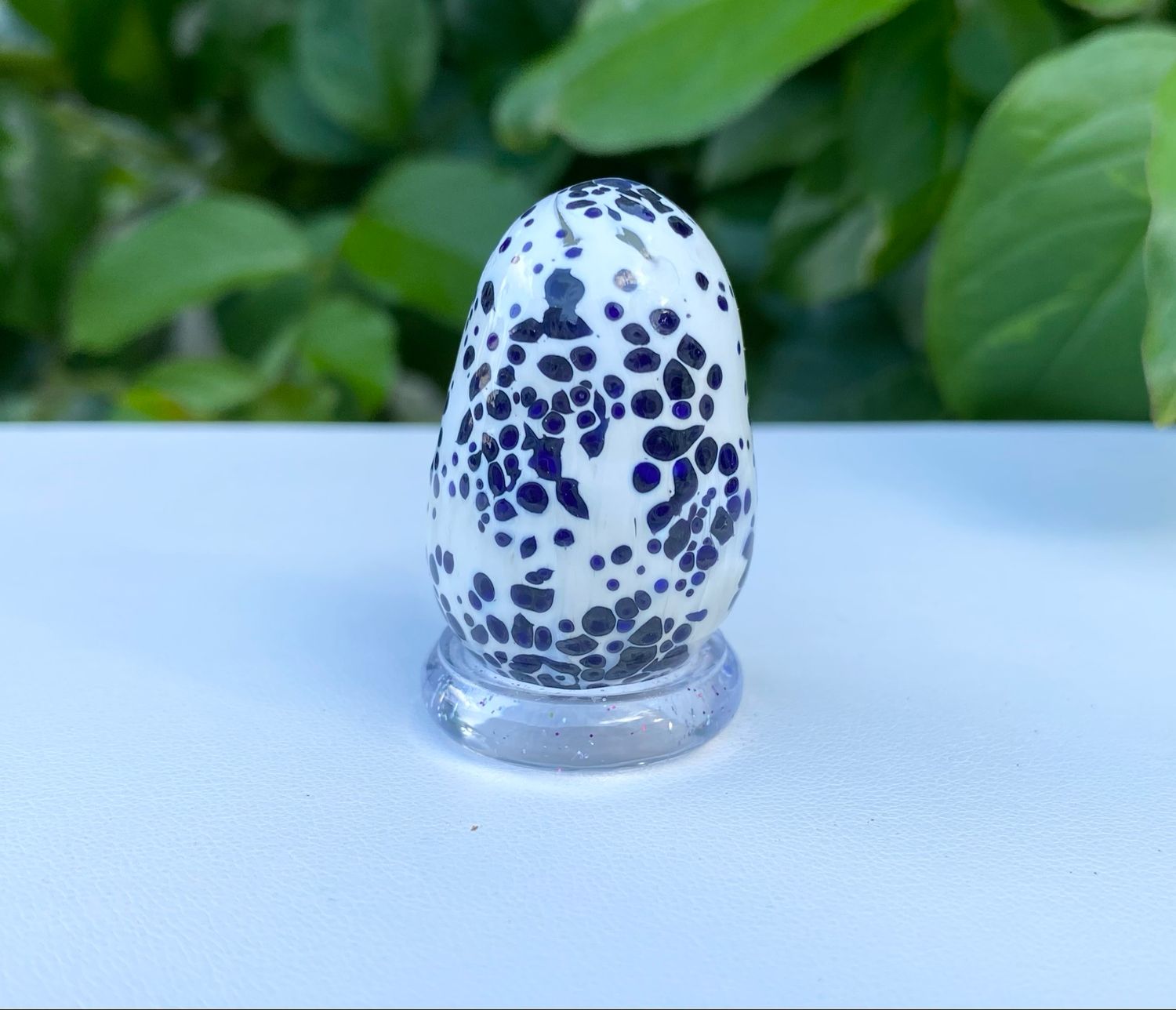 🥚 Blue Speckled Egg 🥚 Handmade Borosilicate Egg with clear acrylic base