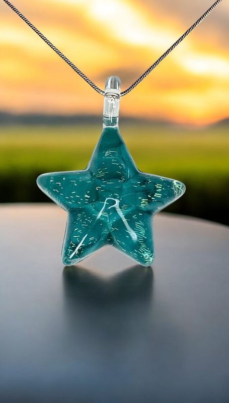 🌟 Aqua Sparkle 🌟 Handmade Borosilicate Glass Star Pendant