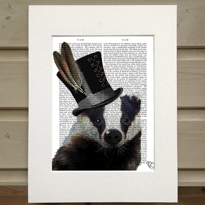 FabF Steampunk Badger in Top Hat Book Print - Matted book page