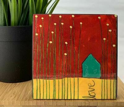 Teal House tall flowers, love 4x4 Teal House tall flowers, love 4x4