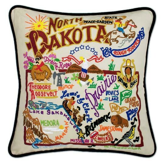 North Dakota Hand-Embroidered Pillow North Dakota Hand-Embroidered Pillow