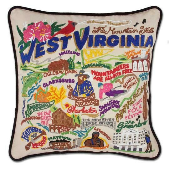 West Virginia Hand-Embroidered Pillow West Virginia Hand-Embroidered Pillow