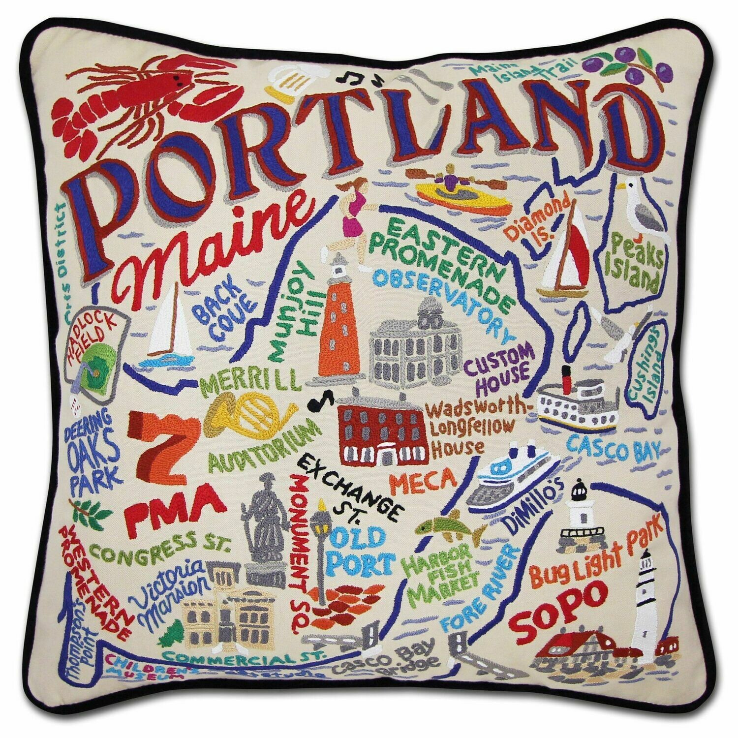 Portland, ME Hand-Embroidered Pillow