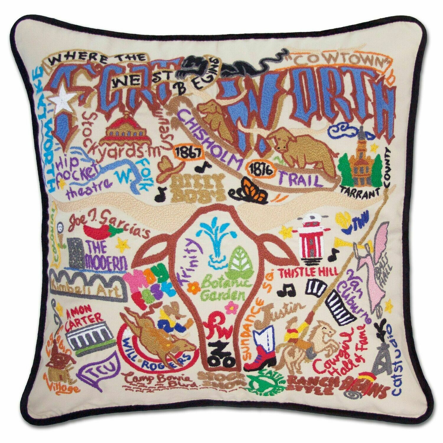 Fort Worth Hand-Embroidered Pillow