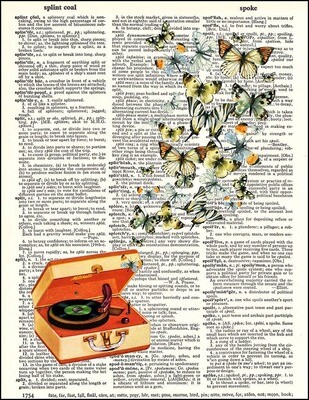 Retro Record Player and Butterflies Dictionary Print
