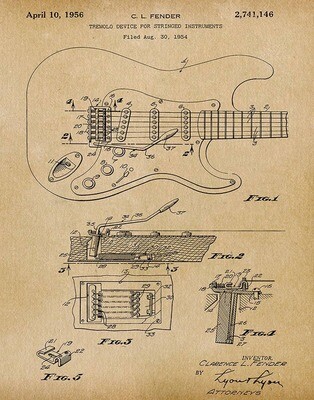 Fender Guitar 1956 Patent Art Print - Music - Parchment / 8"x 10"