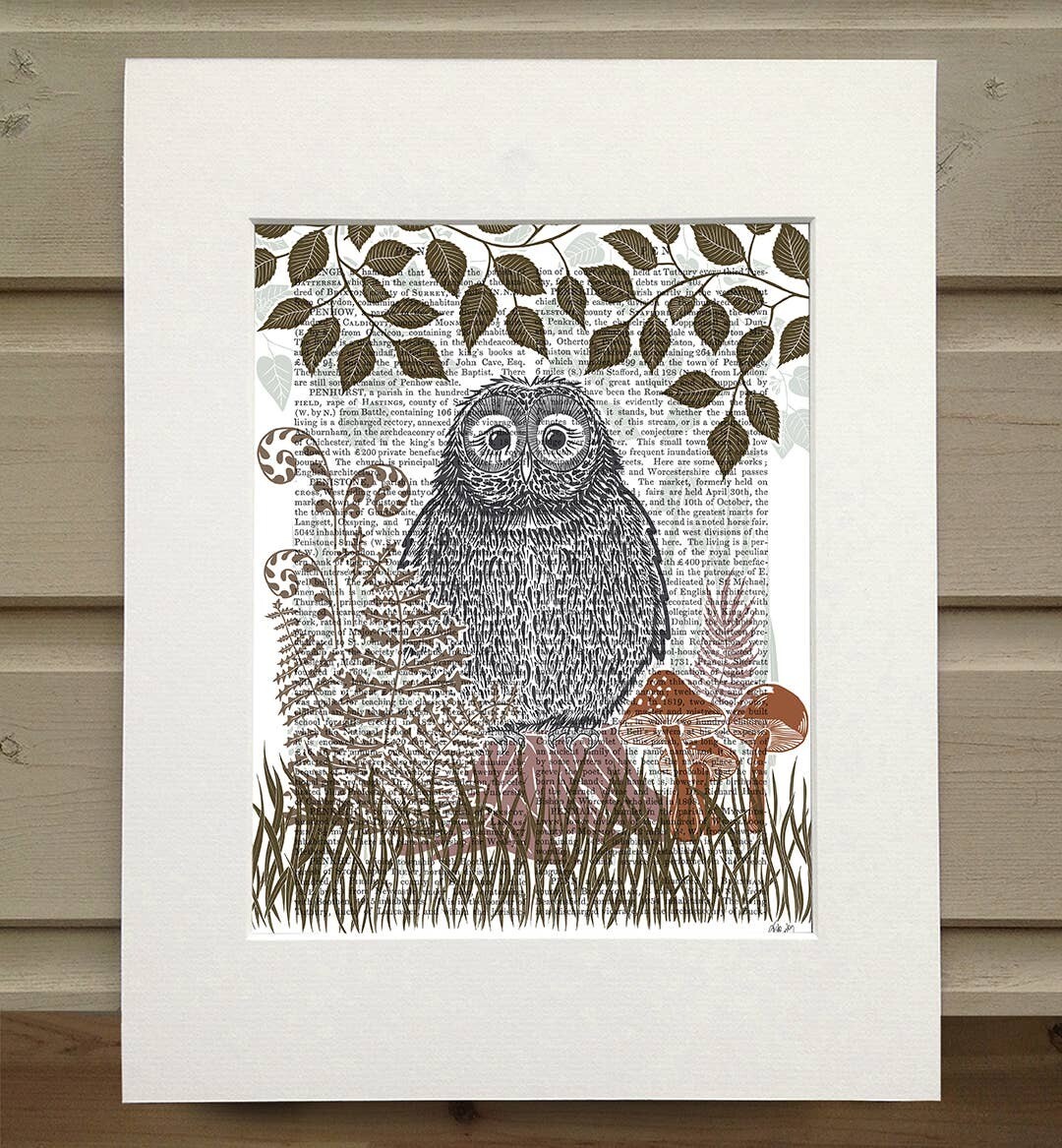 Country Lane Owl 2 Earth Book Print / Art Print / Wall Art - Matted book page