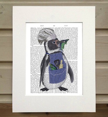 Penguin Chef book print / Art Print / Wall Art - Matted book page