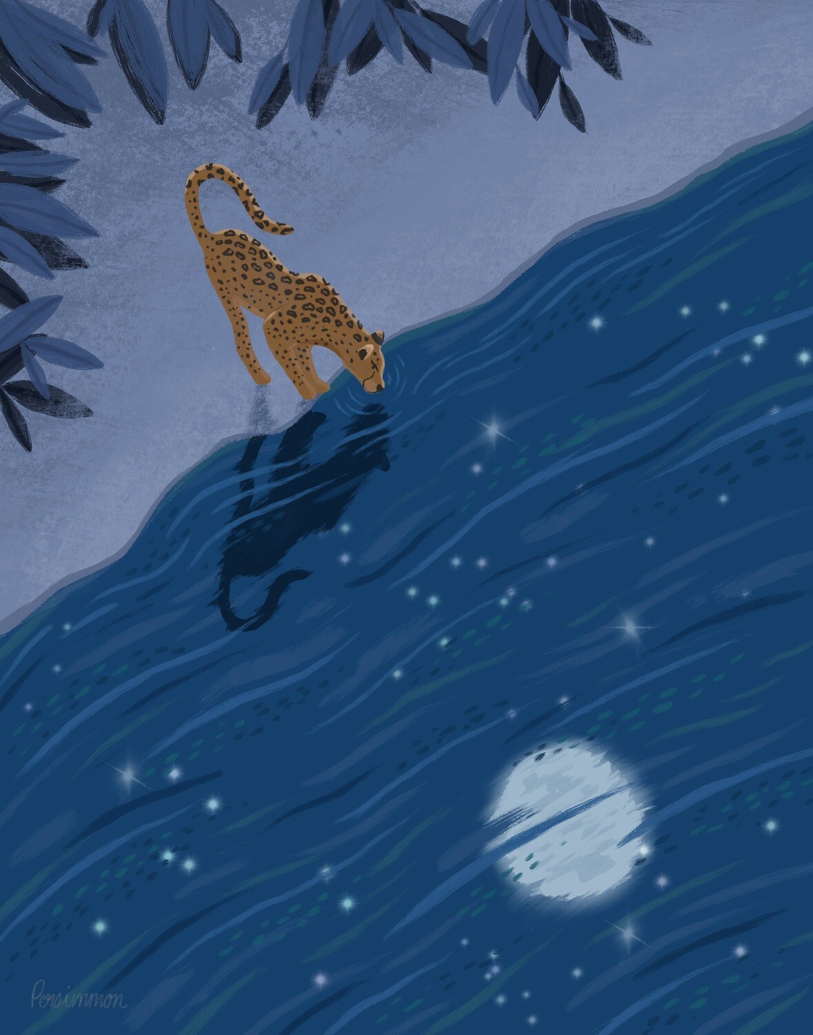 Nocturnal Art Print, Yellow Panther Wall Art, Night Sky - 8.5”x11”