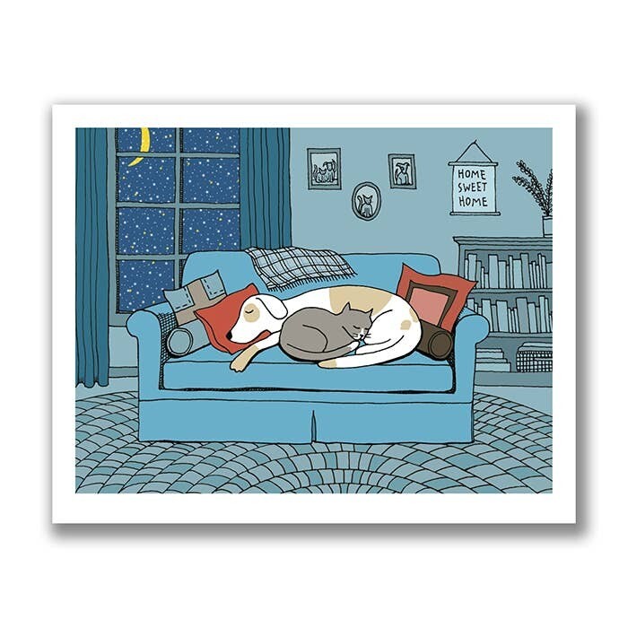 Dog And Cat Snuggle On A Winter&#39;s Eve Print - 8x10