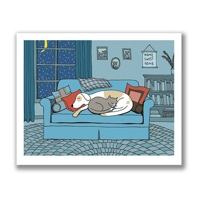 Dog And Cat Snuggle On A Winter&#39;s Eve Print - 8x10
