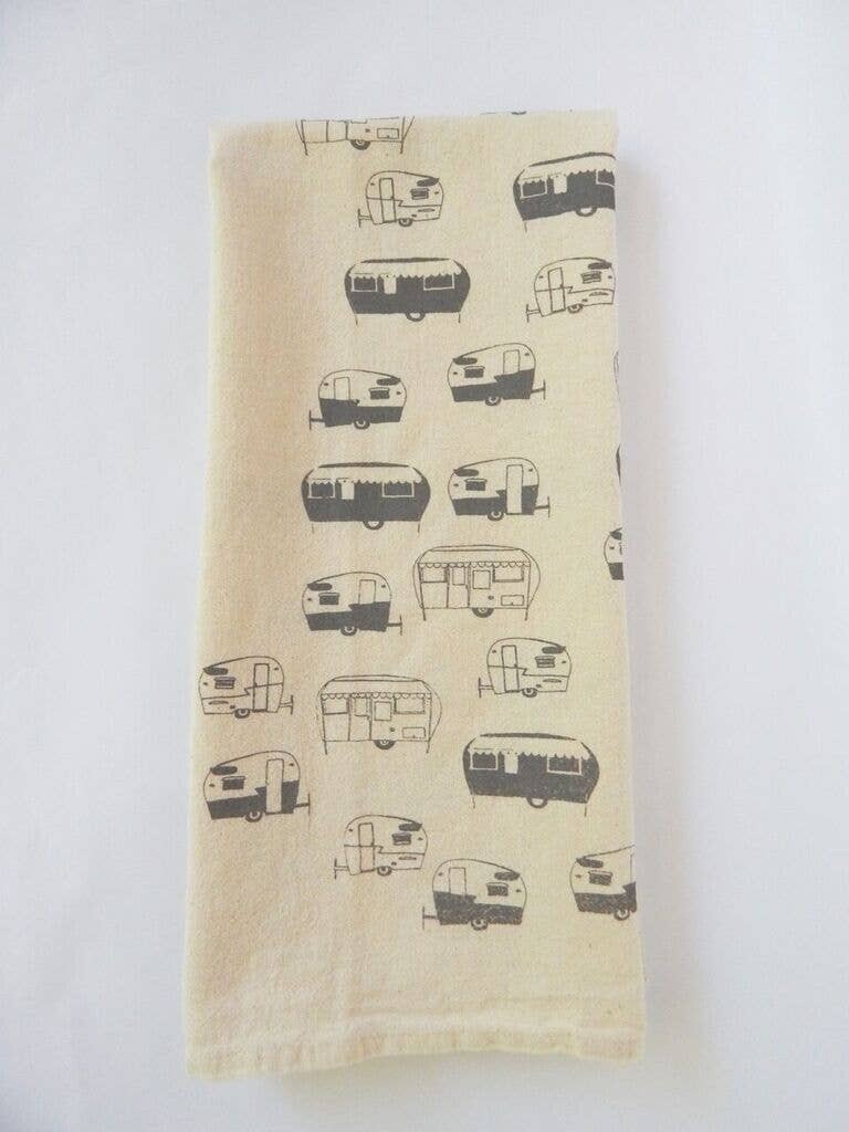 Vintage Campers Tea Towel - Gray on Natural