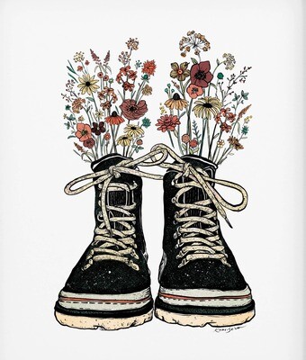 Floral Hiking Boots Art Print - 8" x 8"