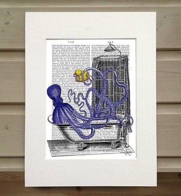 Octopus in Bath Nautical Book Print / Art Print / Wall Art - Matted book page