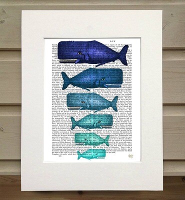 Blue Whale Family Nautical Book Print / Art Print - Matted book page