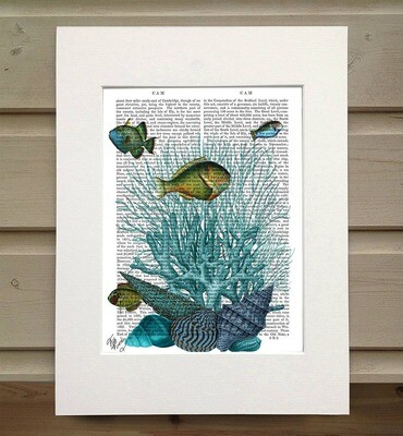 Fish, Blue Shells &  Coral Nautical Book Print / Art Print - Matted book page