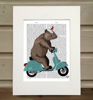 Rhino on Scooter Moped book print / Art Print / Wall Art - Matted book page