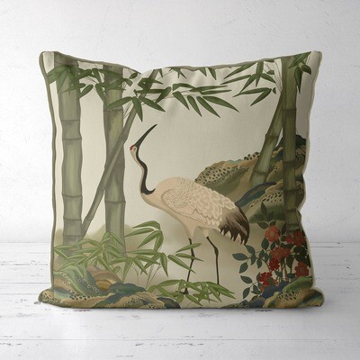 Crane Garden 4 Chinese Chinoiserie Pillow - 18x18inch / Spanish White