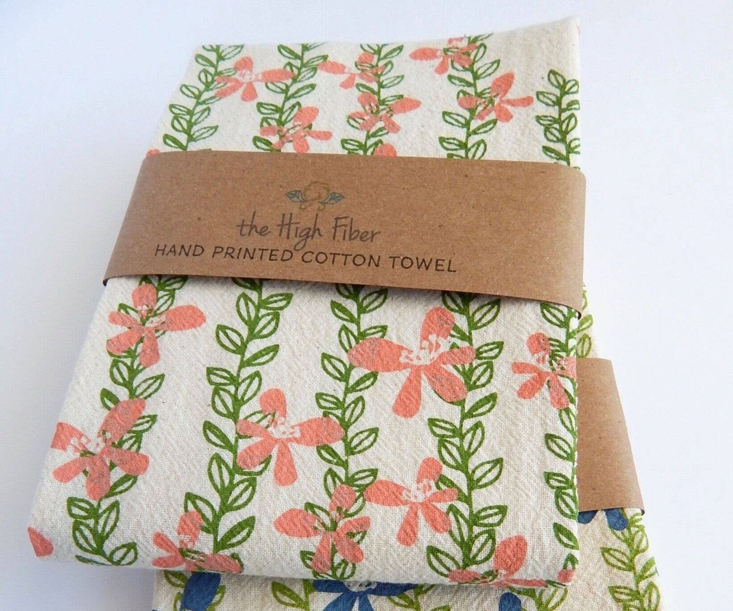 Floral Vine Tea Towel - Pink and Green Vines on Natural Floral Vine Tea Towel - Pink and Green Vines on Natural