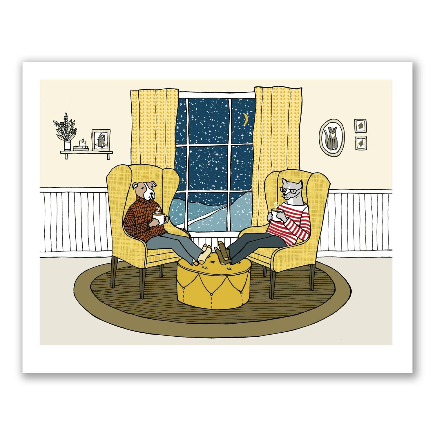 Dog and Cat Share a Quiet Moment on a Cold Snowy Eve Print - 8x10