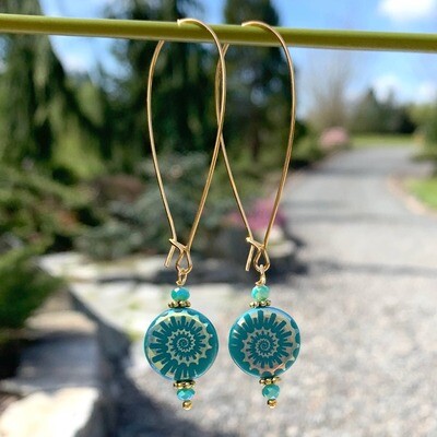 Long Loop Gold Earrings Turquoise Shiny Long Loop Gold Earrings Turquoise Shiny
