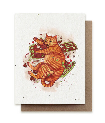 Gingerbread Cat Plantable Herb Seed Card Holiday Winter - No Sleeves