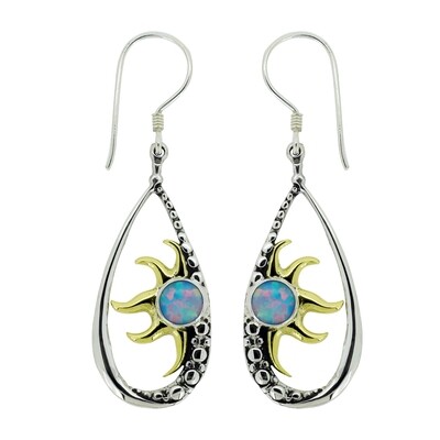 Blue Opal Synthetic(brass) Sun Ray Silver Earrings 356OPSB