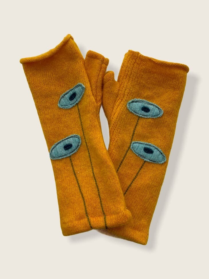 Oval Poppy - Aqua on Gold Fingerless Cashmere Gloves
