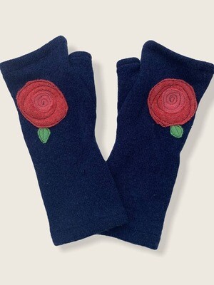 Blooming Rose - Salmon on Blue Fingerless Cashmere Gloves