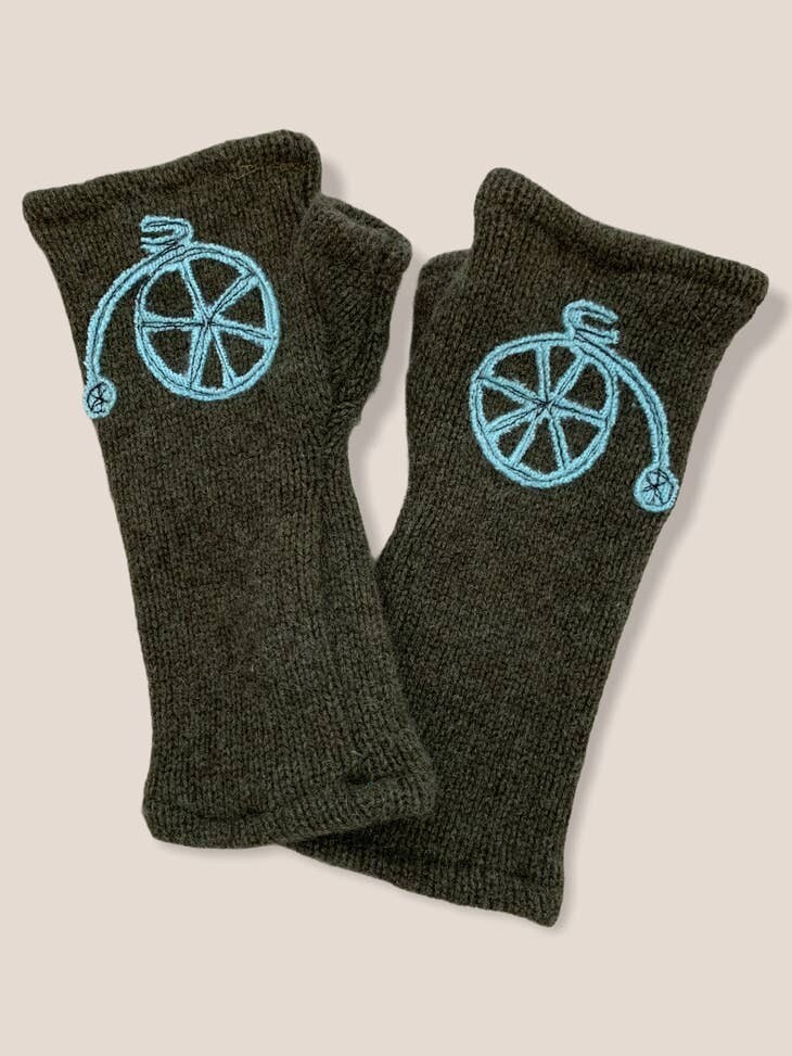 Bike - Aqua on Olive Fingerless Cashmere Gloves