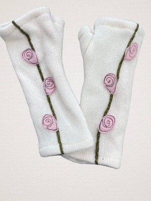 Rosebud - Pink on Cream Fingerless Cashmere Gloves