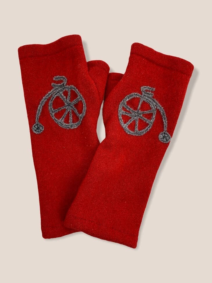 Bike - Grey on Red Fingerless Cashmere Gloves