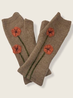 Cherry Blossom - Salmon on Beige Fingerless Cashmere Gloves