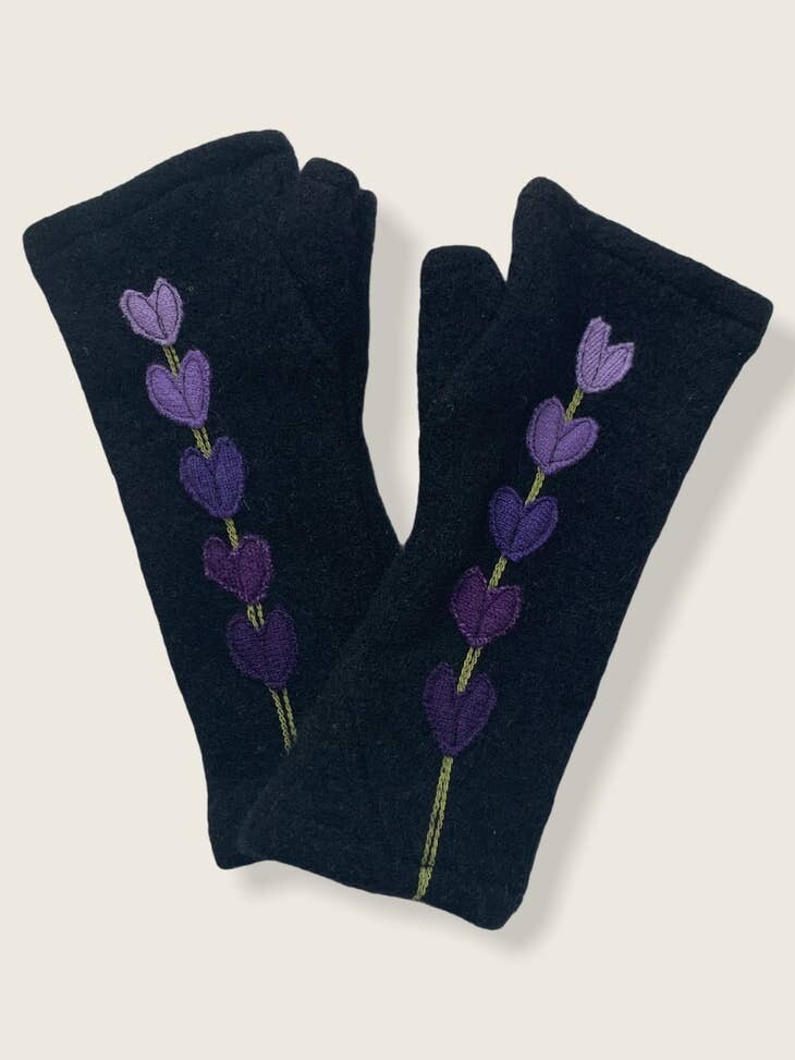 Lupine - Purple on Black Fingerless Cashmere Gloves