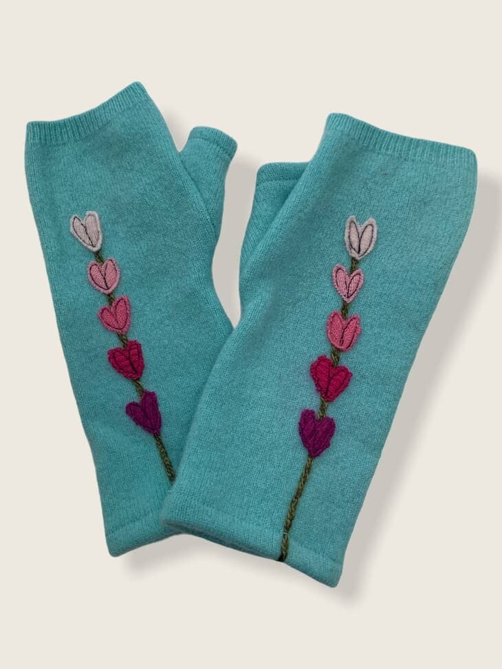 Lupine - Pink on Aqua Fingerless Cashmere Gloves