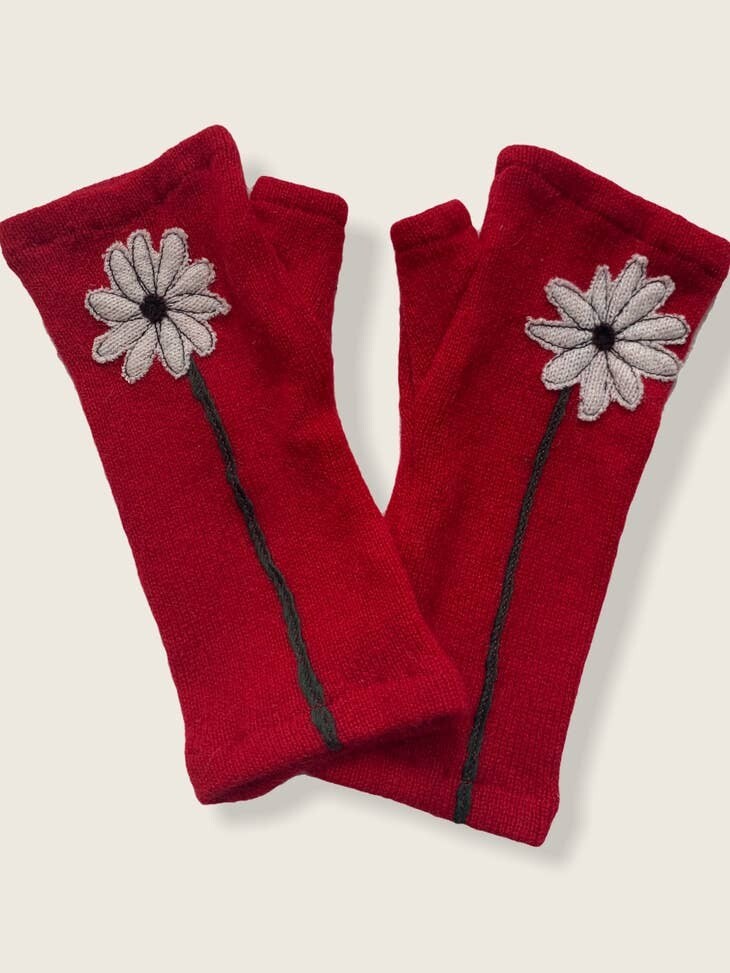 Daisy - White on Red Fingerless Cashmere Gloves