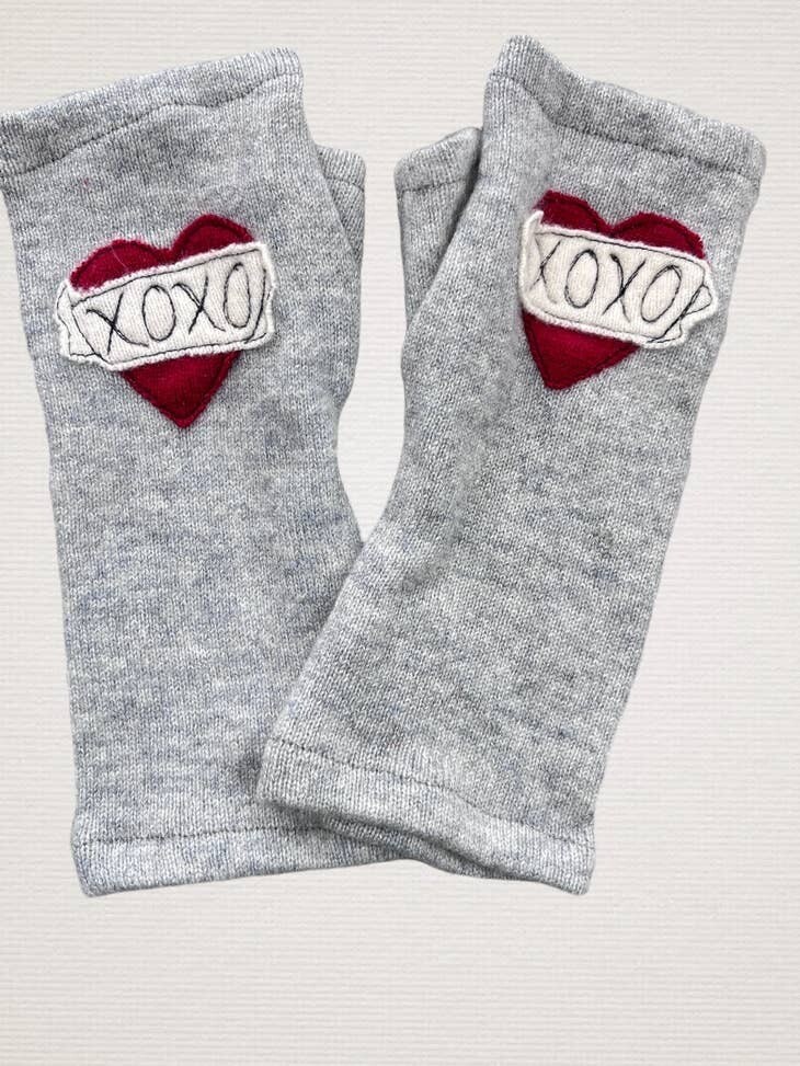 Tattoo Heart XOXO - Red on Grey Fingerless Cashmere Gloves