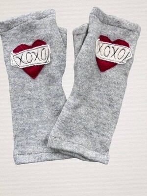 Tattoo Heart XOXO - Red on Grey Fingerless Cashmere Gloves