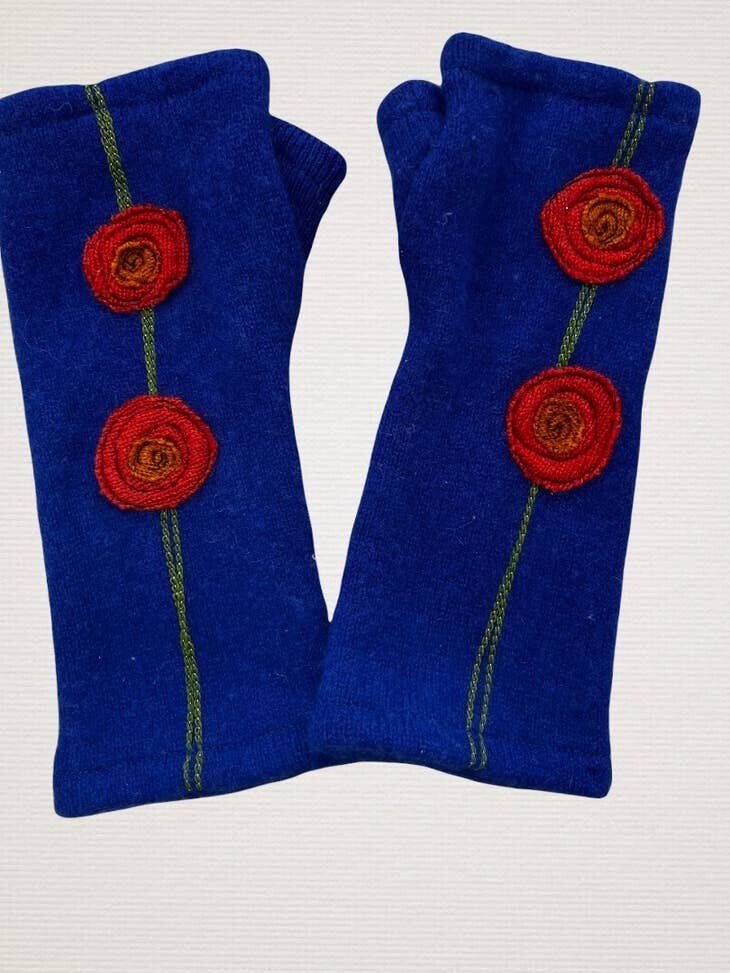 Double Blooming Rose - Orange on Blue Fingerless Cashmere Gloves