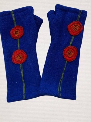 Double Blooming Rose - Orange on Blue Fingerless Cashmere Gloves