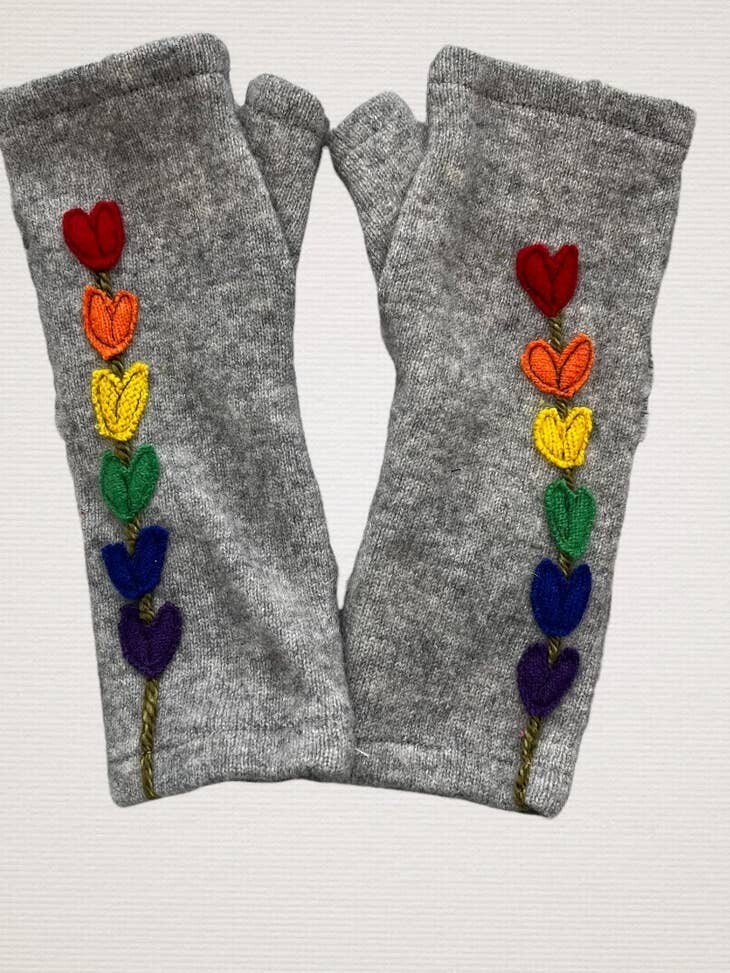 Lupine - Rainbow on Grey Fingerless Cashmere Gloves