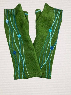 Squiggle - Blue/Green on Green Fingerless Cashmere Gloves