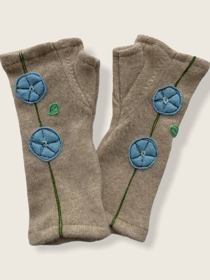 Morning Glory - Blue on Beige Fingerless Cashmere Gloves