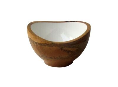 Mango Wood Bowl With Enamel - Small White & Natural Mango Wood Bowl With Enamel - Small White & Natural