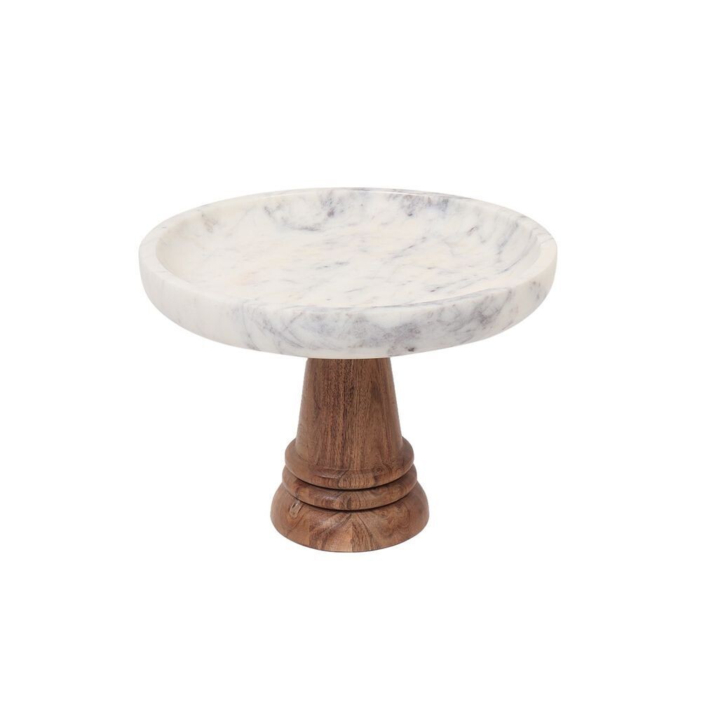 Marble & Acacia Wood Pedestal - Large White & Natural Marble & Acacia Wood Pedestal - Large White & Natural