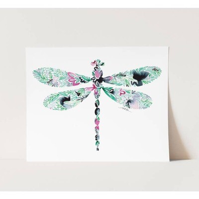 Dragonfly Watercolor Floral Wall Art Print - 5" x 7"