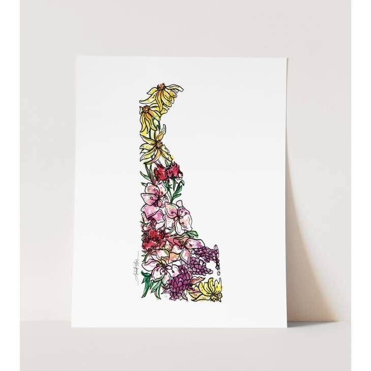 Delaware Wall Art Print: Watercolor // Featuring DE Flowers - 8” x 10”